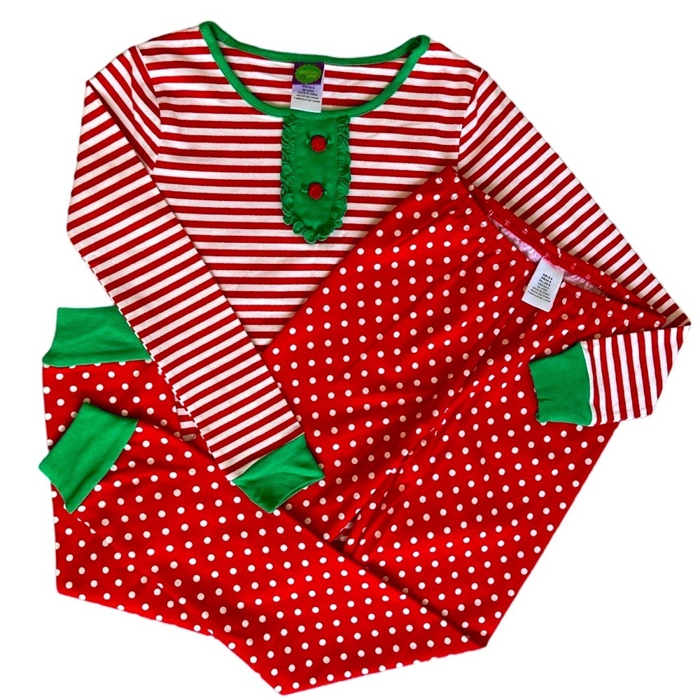 New Dollie & Me Girls Ultra Soft Polka Dot Stripes Red White Green Pajama Set